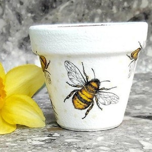 Decoupaged plant pot, Bee plant pot, Terracotta flower pot, Bee indoor plant pot, Bee outdoor planter, Bee decor, Bee gift, Mum plant pot