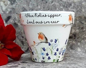 Robin and forget me not decoupaged plant pot, When Robins appear loved ones are near plant pot, Robin grave pot, Memorial garden planter