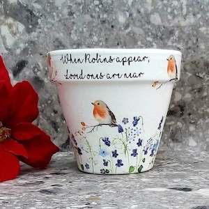 Robin and forget me not decoupaged plant pot, When Robins appear loved ones are near plant pot, Robin grave pot, Memorial garden planter