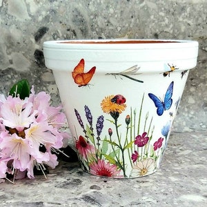 Spring flowers decoupaged plant pot, Personalised indoor or outdoor planter, Terracotta flower pot, 9th wedding anniversary pottery gift