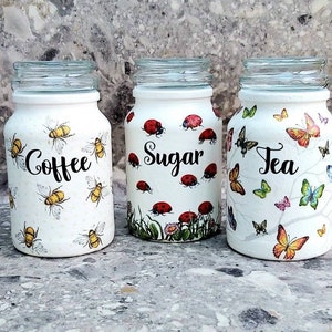 Tea coffee and sugar canister set, Tea coffee sugar storage jars, Decoupaged kitchen storage jars, Ladybird gift, Bee decor, Butterfly decor