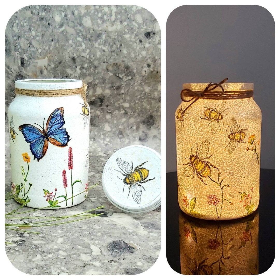 Bees and Butterflies Light up Glass Vase Bee Vase Decoupaged - Etsy UK