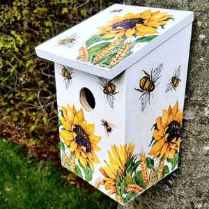 Sunflower and bees decoupaged bird house, Garden bird nesting box, Sunflower decorated wooden birdbox, 5th wedding Anniversary gift (wood)