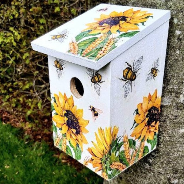 Sunflower and bees decoupaged bird house, Garden bird nesting box, Sunflower decorated wooden birdbox, 5th wedding Anniversary gift (wood)