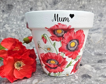 Poppy Plant Pot, 17cm, 15cm, Plant pot for inside or outside, Decoupaged Terracotta Flower Pot, Poppy Gift, Christmas Plant Pot Gift