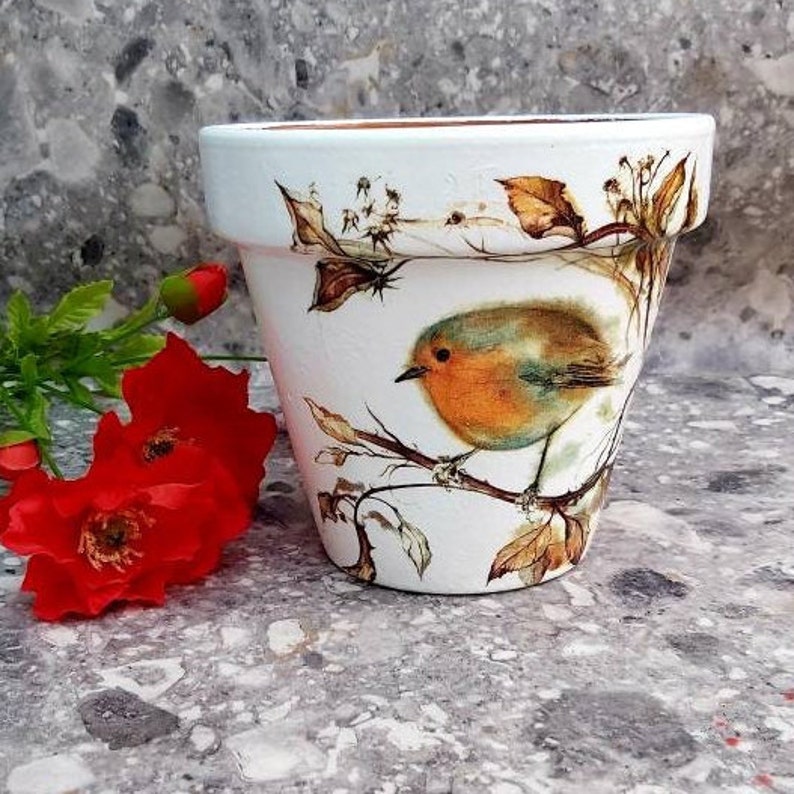Robin Plant Pot Large Decoupaged Robin Plant Pot Terracotta | Etsy