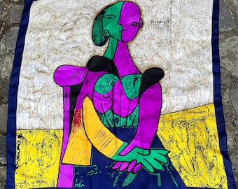 Vintage superb huge silk scarf with vivid colored Picasso cubist style portrait, very soft, flawless, made in the 1990s, 88 x 88 cm
