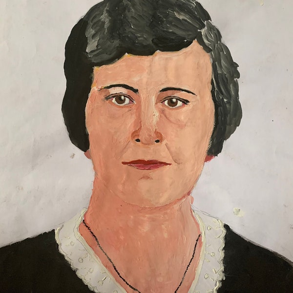 Un très intéressant vintage naïf tempera gouache portrait peinture d’une femme, années 1950