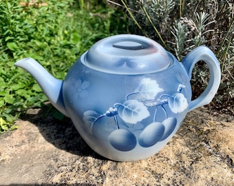 Antique Vintage Jugendstil Eichwald Blue Porcelain Huge Tea Pot Manufacture Flaws, Plum Pattern, beautiful item for collectors/ everyday use