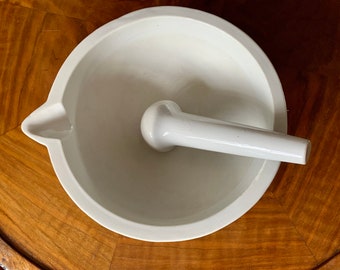 Extraordinary size antique massive white porcelain pharmacy mortar bowl and the matching pestle, manufactured by Zsolnay Pecs, Hungary 1930s