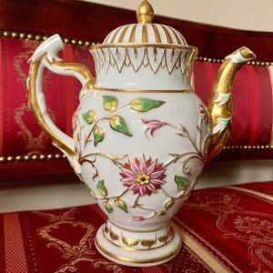 ZELDZAME Vroege Antieke Vintage Biedermeier Theepot met prachtige plastic decoratie, bloemen, bladeren, ongemarkeerd, 19e eeuws Continentaal