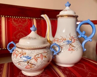 Antique Vintage Biedermeier huge Tea Pot and Lidded Sugar Bowl Sucrier or Bonboniere, hand painted cute bird decoration, 19th century