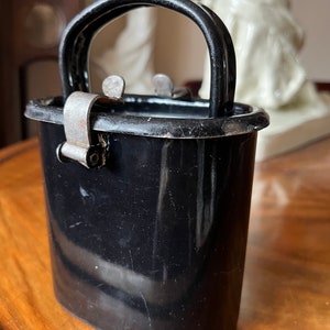 Vintage Black Enameled Metal Food Carrier, Lidded Bucket with Clasps