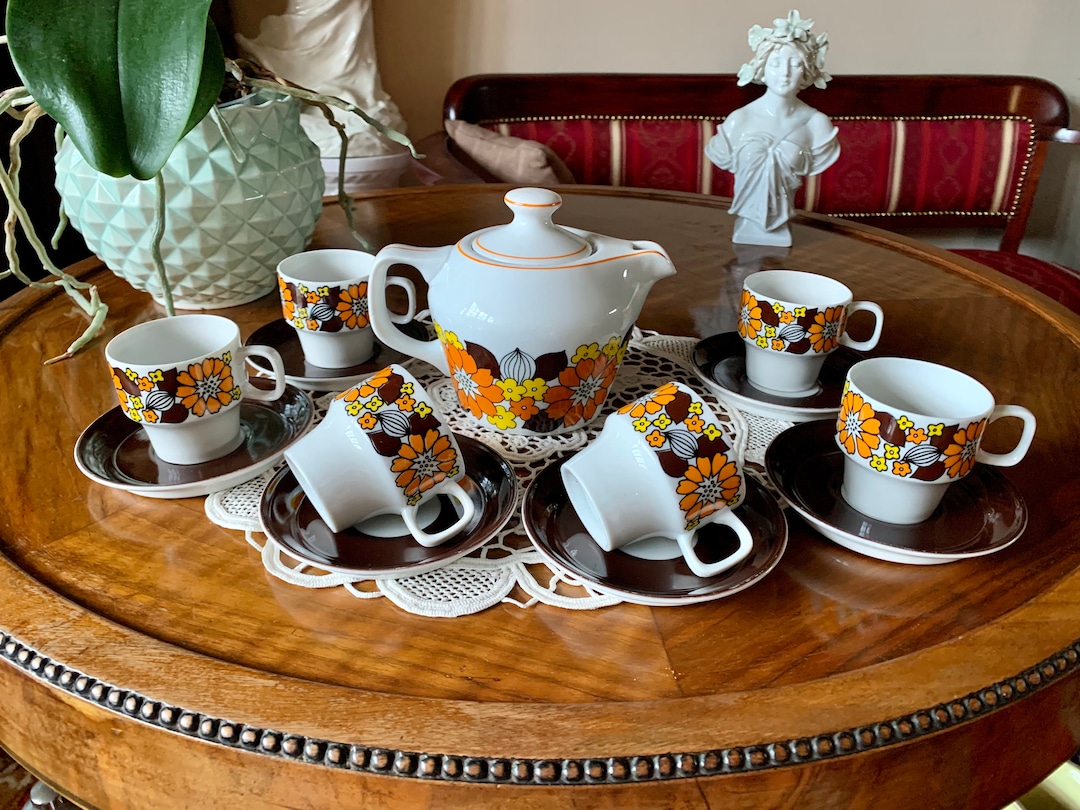 Vintage Hollohaza Hungary Coffee Set, Floral Porcelain, Mid