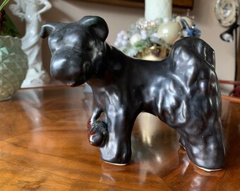Vintage Ceramic Dog Figurine, Matte Black Glaze, 1960s Decor