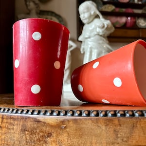 Vintage Retro Mid-century plastic vinyl toothbrush cups, double walled, polka dot decoration, bright orange and white, Hungary, 1960s 1970s