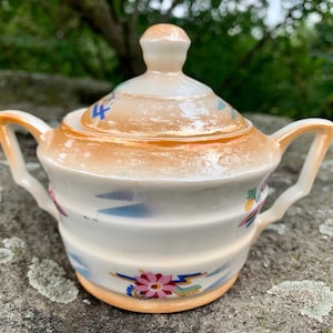 Vintage Retro A/F Art Deco German Winterling Bavaria Orange Lustre Bonboniere Sugar Bowl with Lid, Geometric & Flower decoration, 1920s