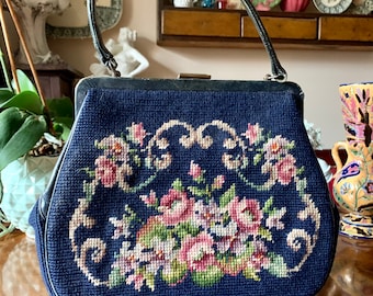 Antique vintage wonderful fully embroidered hand bag with leather handle, a beautiful collector piece, 1930s, Hungary
