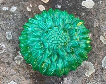 Antique Vintage Art Deco Sunflower form Green Massive Glass Bonboniere Sugar Bowl, beautiful vivid gradient green pressed glass, 1920s