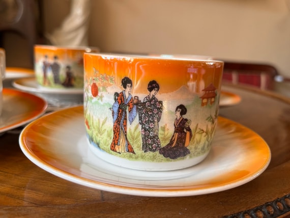 Antique Zsolnay Pecs Porcelain Tea Cup & Saucer, Japan Geisha
