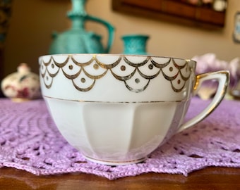 Antique vintage Art Deco style Victoria Czechoslovakia tea cup, delicate porcelain, gilded, marked, approx. 1930s