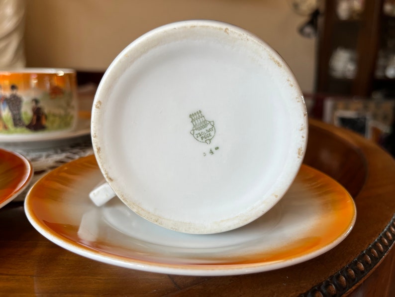 Antique Vintage Zsolnay Pecs Porcelain Tea Set of 5 Cups and Saucers
