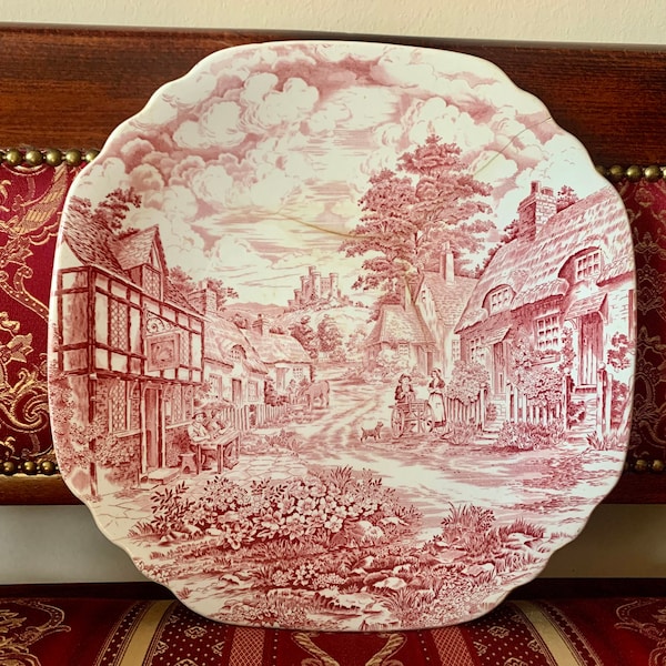 Vintage faiance Enoch Wedgwood huge plate platter in A/F condition, for restoration or creatives, beautiful pink Old English Village pattern