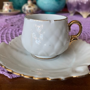 II. Antique vintage Zsolnay Pecs Hungary strawberry & leave design mocha coffee cup and saucer, 1920 - 1930