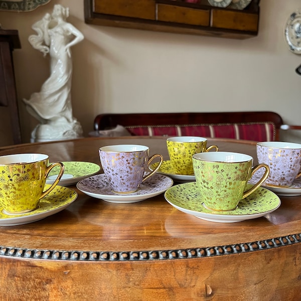 Wonderful & rare Czechoslovak coffee/ mocha 5 cups + 6 saucers, yellow, green and delicate soft lilac colors with rich gilded decoration