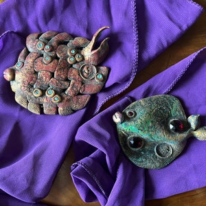 Vintage artist made leather badge/ brooch, hand painted & decorated with glass gems, fish form design, truly unique pieces, great appearance
