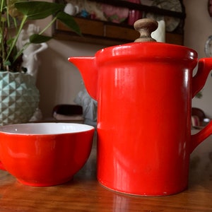 Antique vintage Zsolnay Hungary porcelain coffee house Mellon Patent thick walled coffee pot and cup, red surface, Art Deco era, 1930s