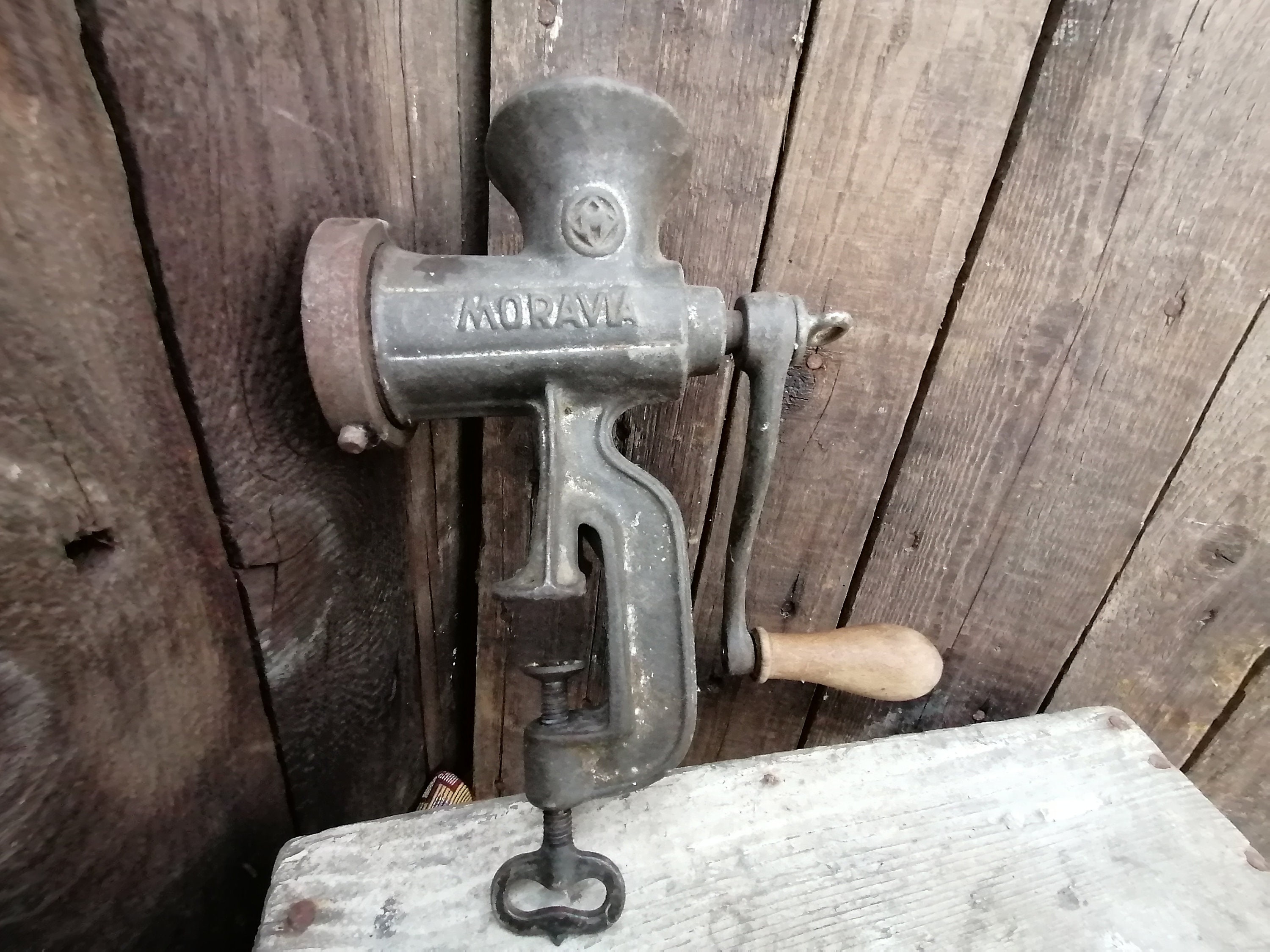 Antique Vintage Meat Grinder, a Heavy Cast Iron Item, Marked Moravia