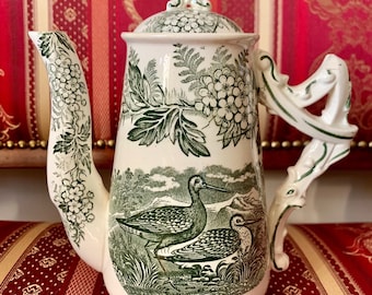 RARE Antique Fischer Ignac Hungary faience heron bird rich pattern coffee pot or smaller size tea pot, late 1800s, a rare example!
