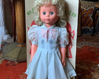 Vintage Retro Große Puppe, 60 cm, blond, nie bespielt, Original Box, 1980 - 1985, Sonneberger Puppen