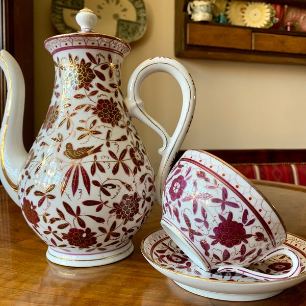 Magnifique théière et tasse à thé avec soucoupe Fischer & Mieg Bohemia en porcelaine fine et fine peinte à la main, années 1800, pièces RARES