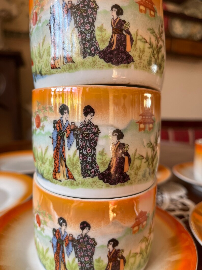 Antique Vintage Zsolnay Pecs Porcelain Tea Set of 5 Cups and Saucers