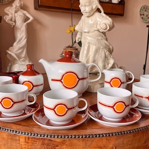 Vintage retro mid-century Alföldi Porcelan tea set for 6, Hungary, great design of the 70s, all MINT
