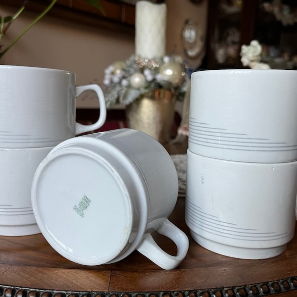 Vintage retro masivo Zsolnay Pecs Hungría tazas de té tazas, conjunto de un patrón de rayas grises de la década de 5, 1960