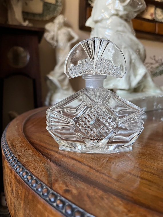 Vintage Bohemia Pressed Glass Perfume Bottle, Fan Stopper, 1930s