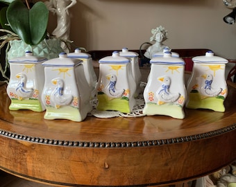 Vintage Hand-Painted Ceramic Duck Jars, 1990s Kitchen Decor, Set of 6