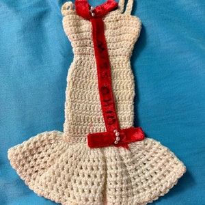 Vintage handmade hand crocheted cream and red Barbie dress, very nice, interesting piece, closing with metal patents, 1960s, from the USA