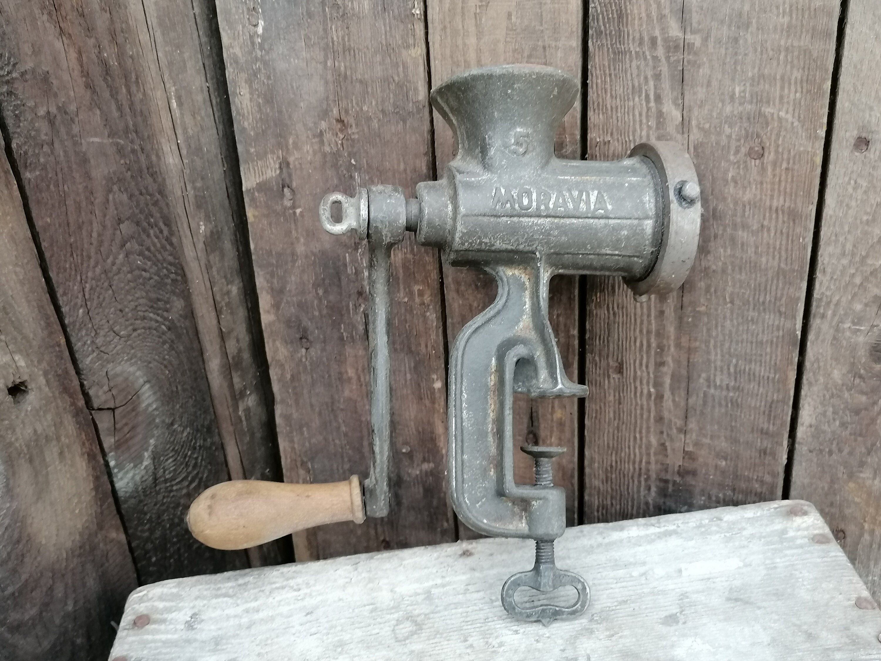 Antique Vintage Meat Grinder, a Heavy Cast Iron Item, Marked Moravia