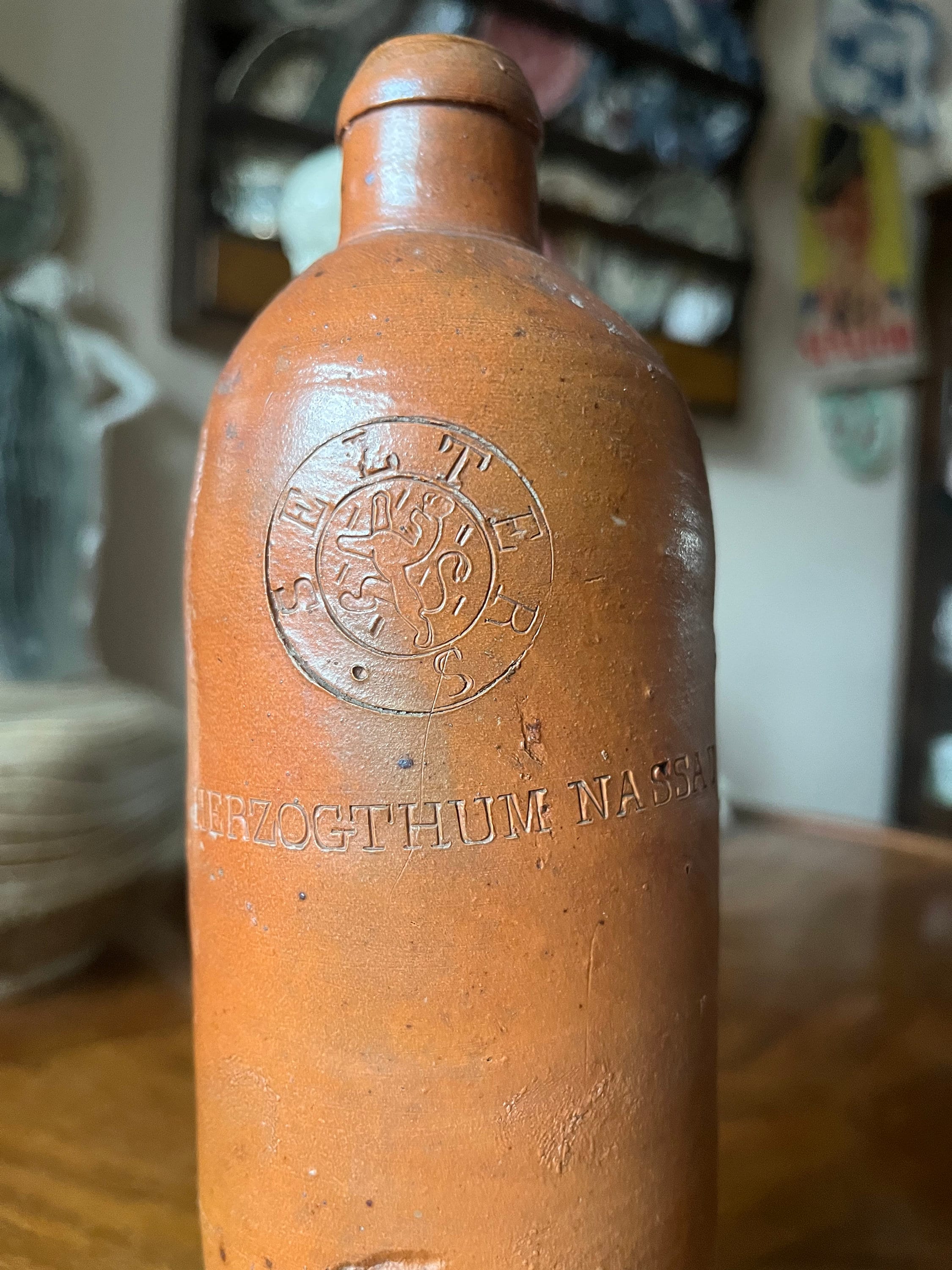 Antique Herzogthum Nassau Mineral Water Bottle, Earthenware Flask