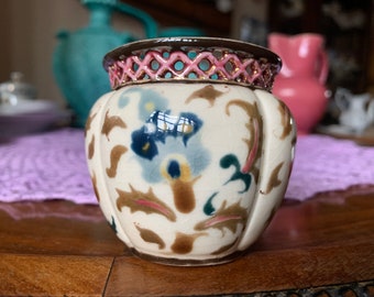 Antique vintage miniature cache pot, planter pot, faience, Zsolnay Pecs Hungary, 1880s, reticulated rim, a truly cute collector’s item