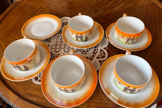 Antique Zsolnay Pecs Porcelain Tea Cup & Saucer, Japan Geisha