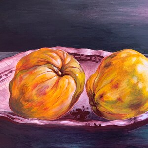 Unique handmade horizontal painting depicting quinces on old plate, still life