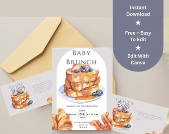 Watercolor Baby Brunch Invitation Bundle | Editable Blueberry Shower Template | Diaper Raffle & Book Insert Cards | Canva Digital Download