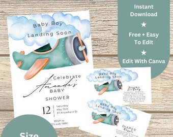 Invitación para baby shower de niño aventurero que aterriza pronto / Tema de avión editable / Rifa de pañales y encarte de libro / Descarga digital instantánea