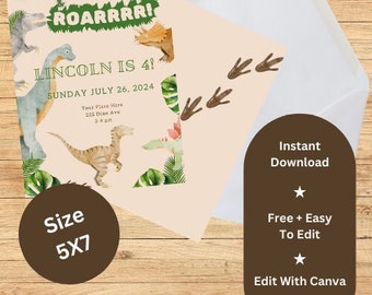 Dinosaur Birthday Invitation | Editable Digital Download | Boys Girls Dino Party | T-Rex Theme | 5x7 Canva Template