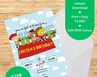Invitación de cumpleaños con temática de juguetes (Tres) - Plantilla editable